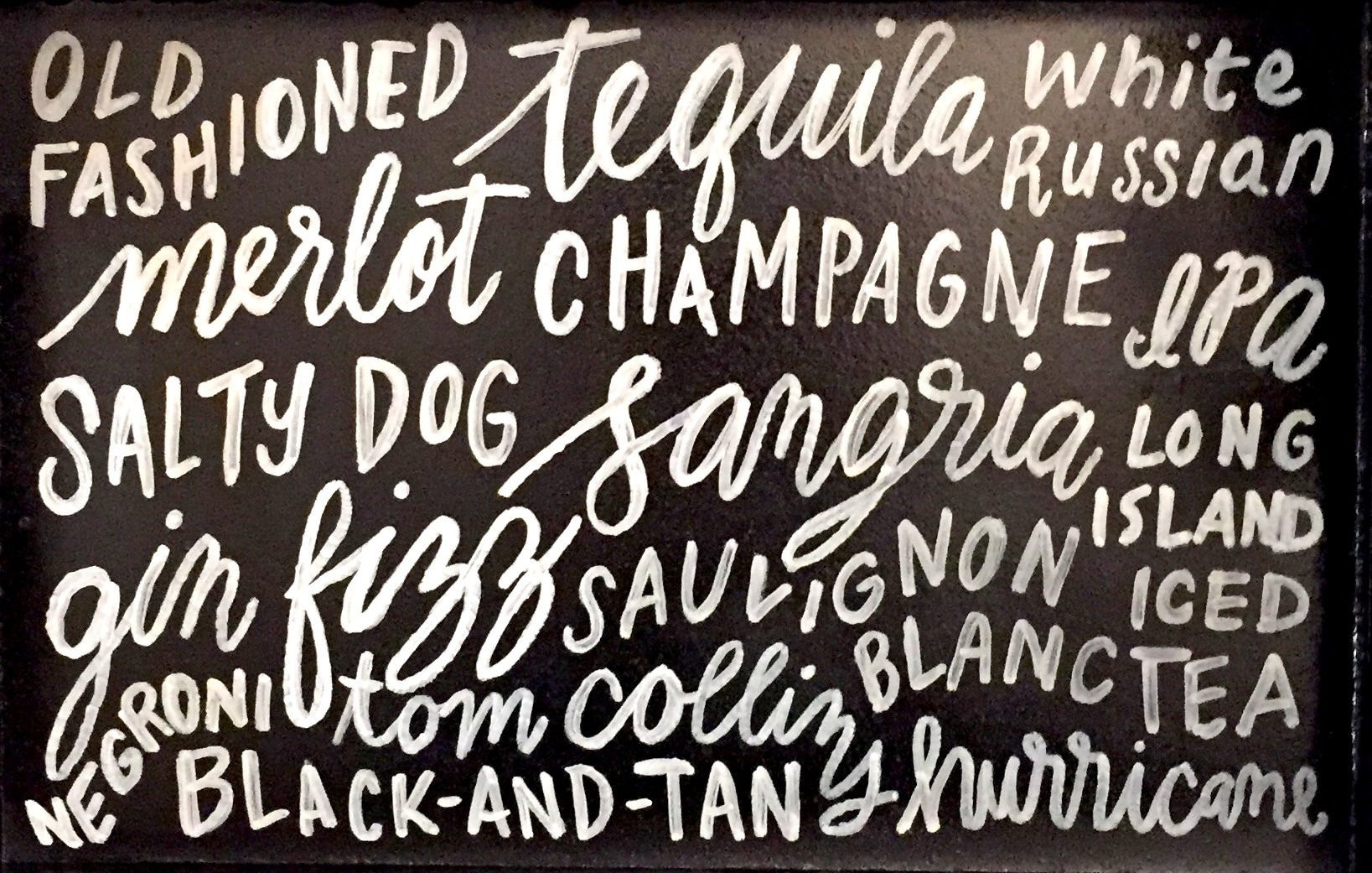 Hand-lettered cocktail, wine, and beer names